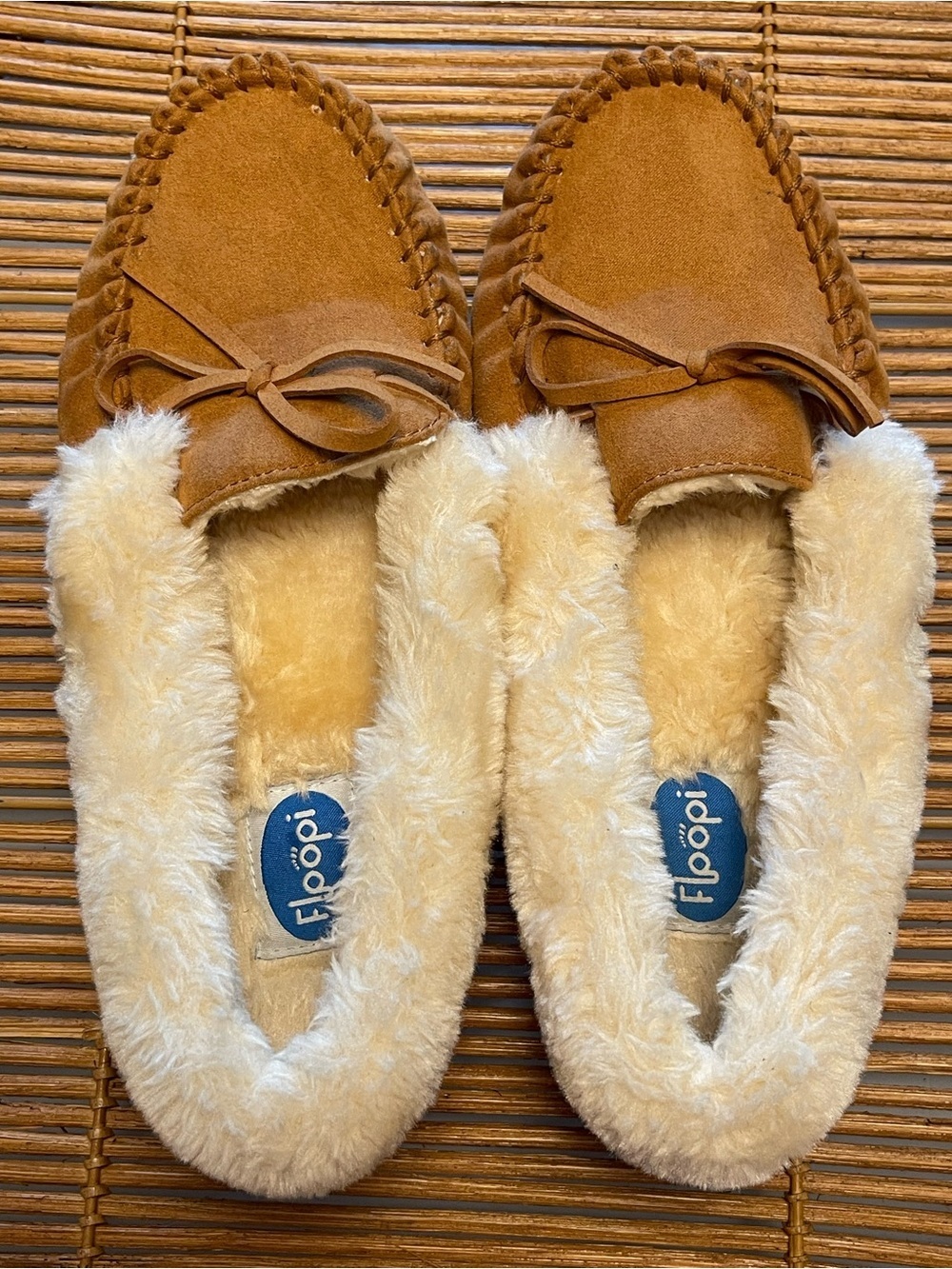 Floppi Women's Chestnut Suede Moccasin Slippers with Cream Plush Lining CozyChic